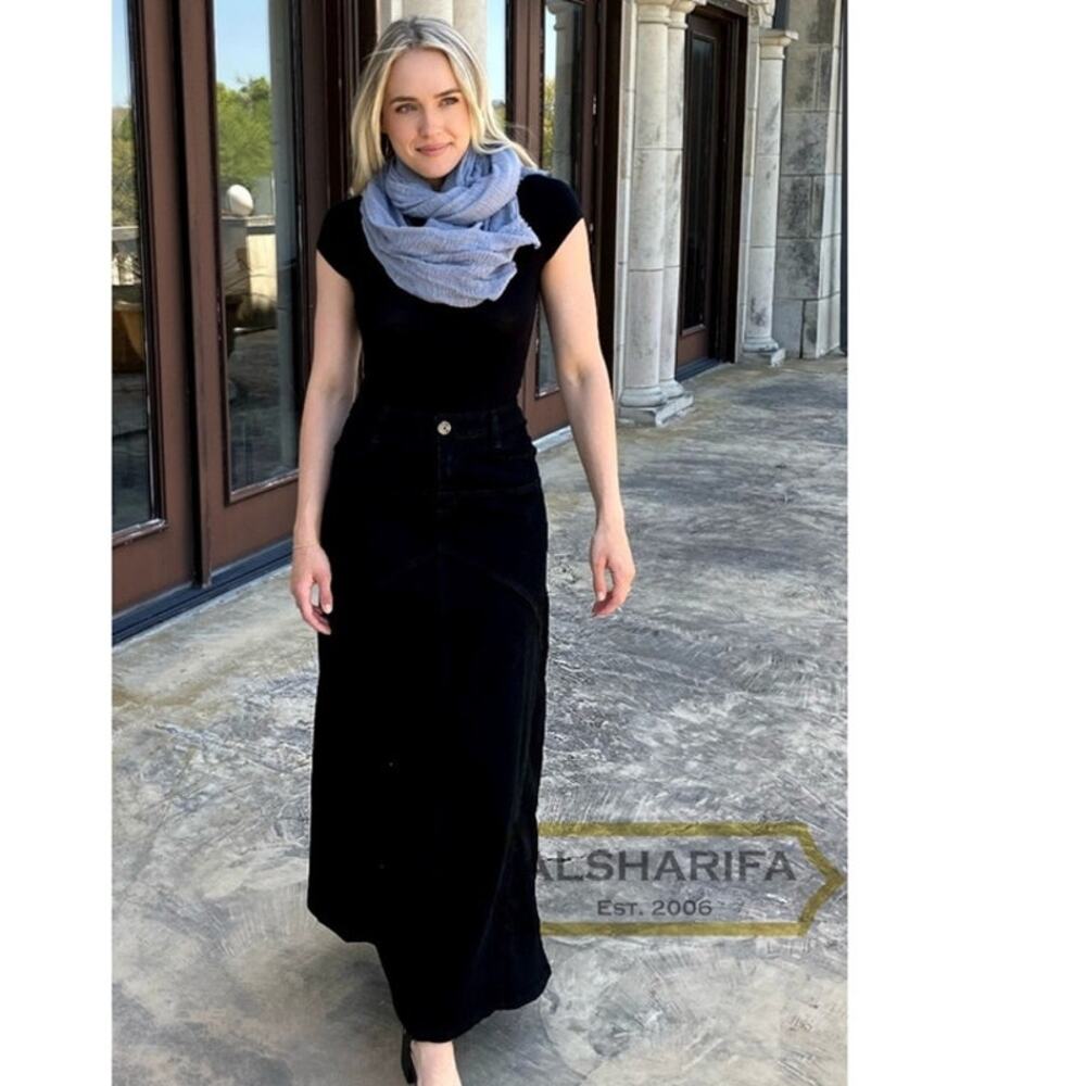 NWT ALSHARIFA 40" Long Denim Ladies Black Skirt size 30' waist size 10
